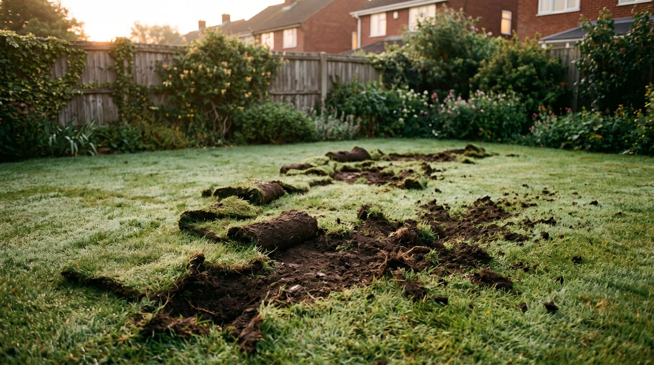 Patches of turf rolled back overnight by a badger digging for grubs in a UK back lawn at dawn