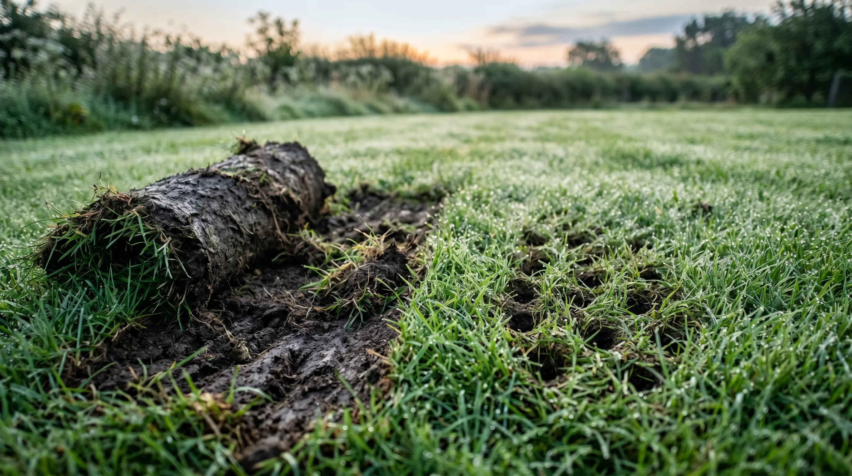 Close-up at dawn of turf peeled back in a strip beside neat 2cm bird pecking holes, showing two different digging signatures side by side on a UK lawn