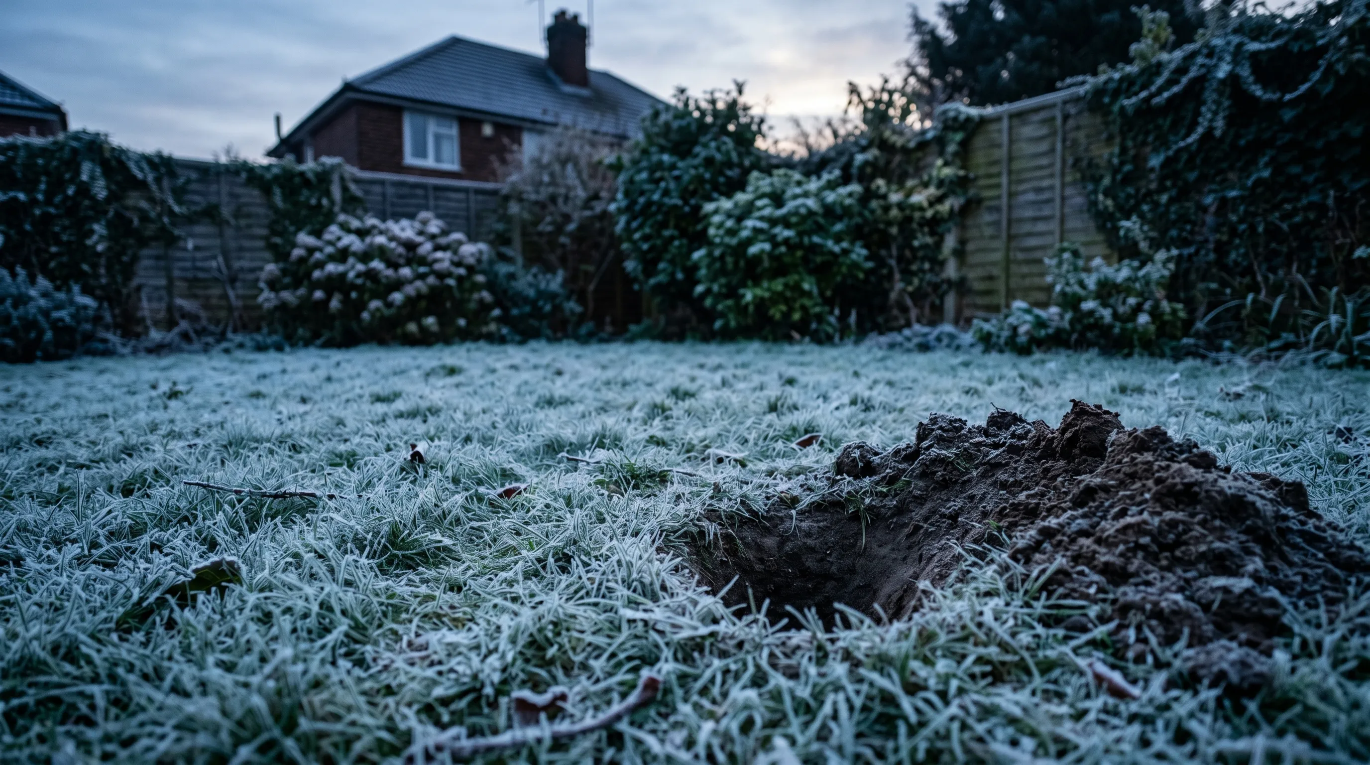 Editorial photograph of a single neat conical fox digging pit in a frosty suburban UK lawn at dawn, soil scattered to one side, shot with a 50mm lens and shallow depth of field