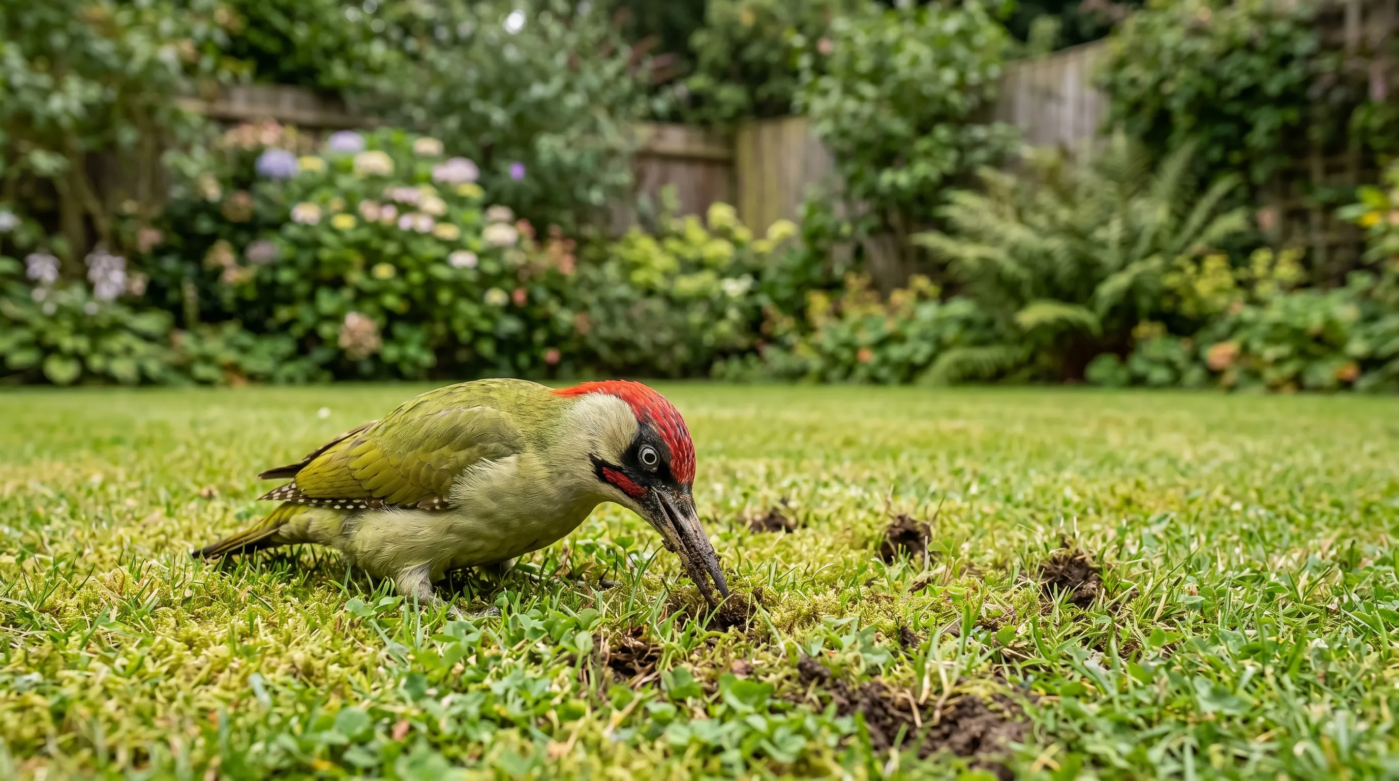 Editorial photograph of a green woodpecker probing for leatherjackets on a short UK lawn, many small pencil holes visible in the turf around it, natural morning light, telephoto lens with soft background
