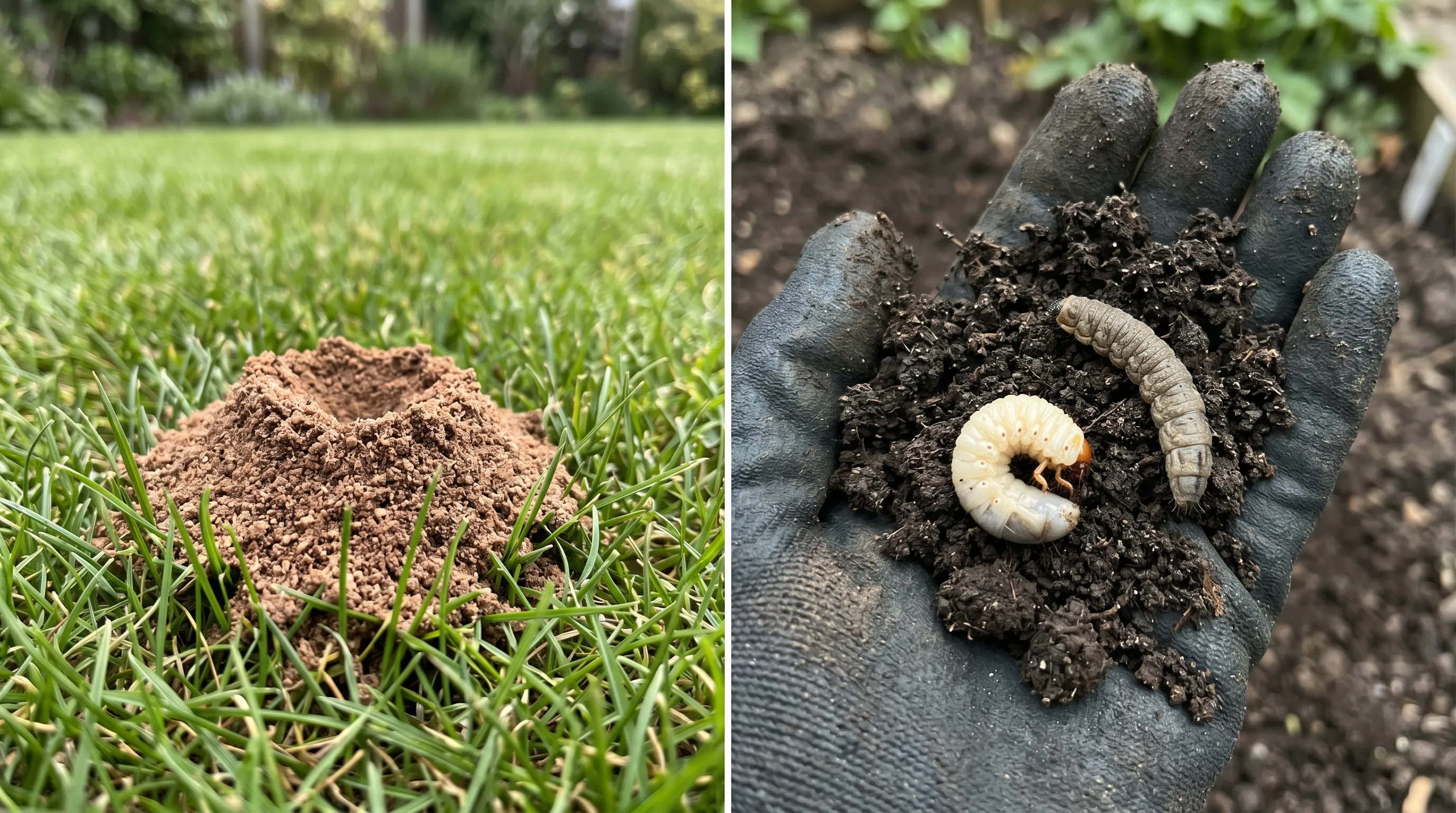 Editorial macro photograph comparing a single tiny volcano-shaped mining bee mound against a chafer grub and a leatherjacket held in soil, natural light, shallow depth of field showing texture detail