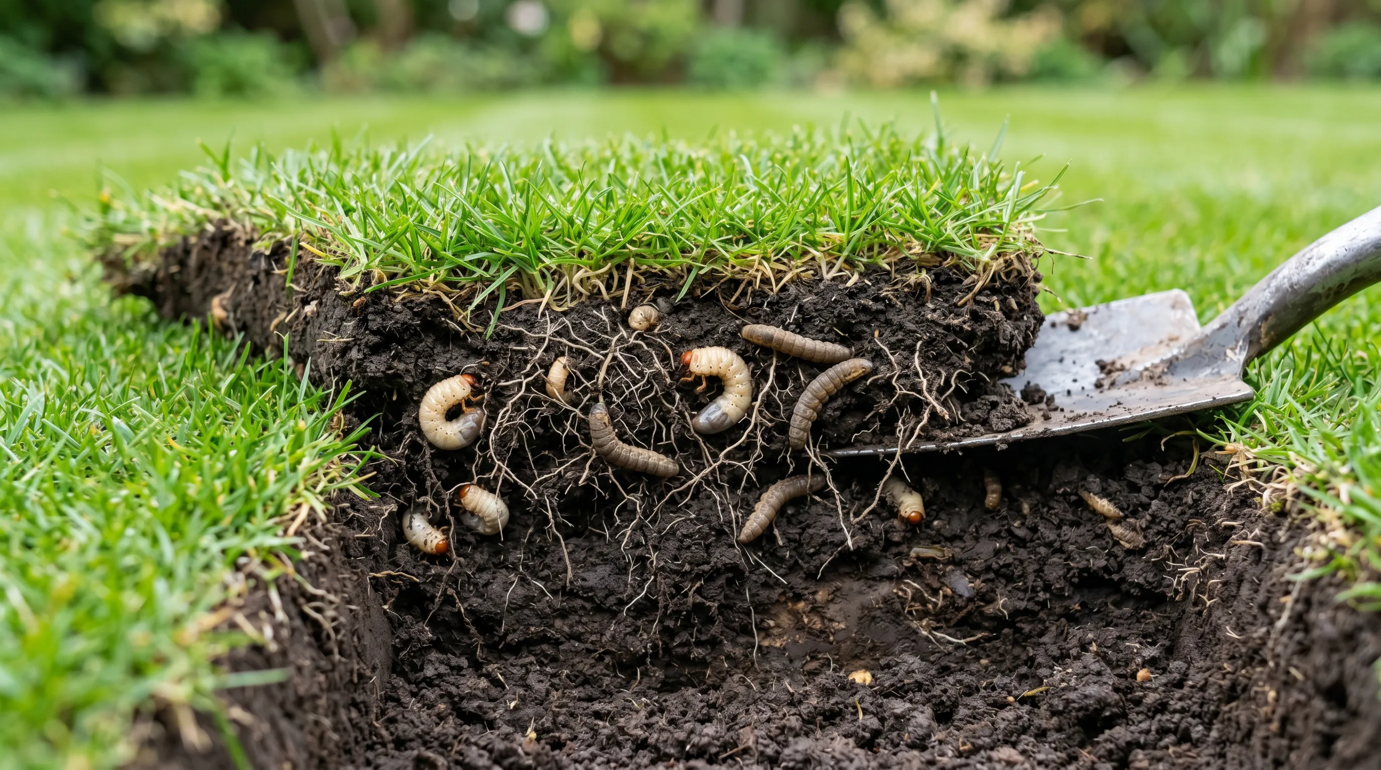 Editorial cross-section photograph of a square of UK lawn turf peeled back to reveal the soil profile, with C-shaped chafer grubs and grey leatherjackets visible feeding among the grass roots in the top 5cm, natural light, macro detail