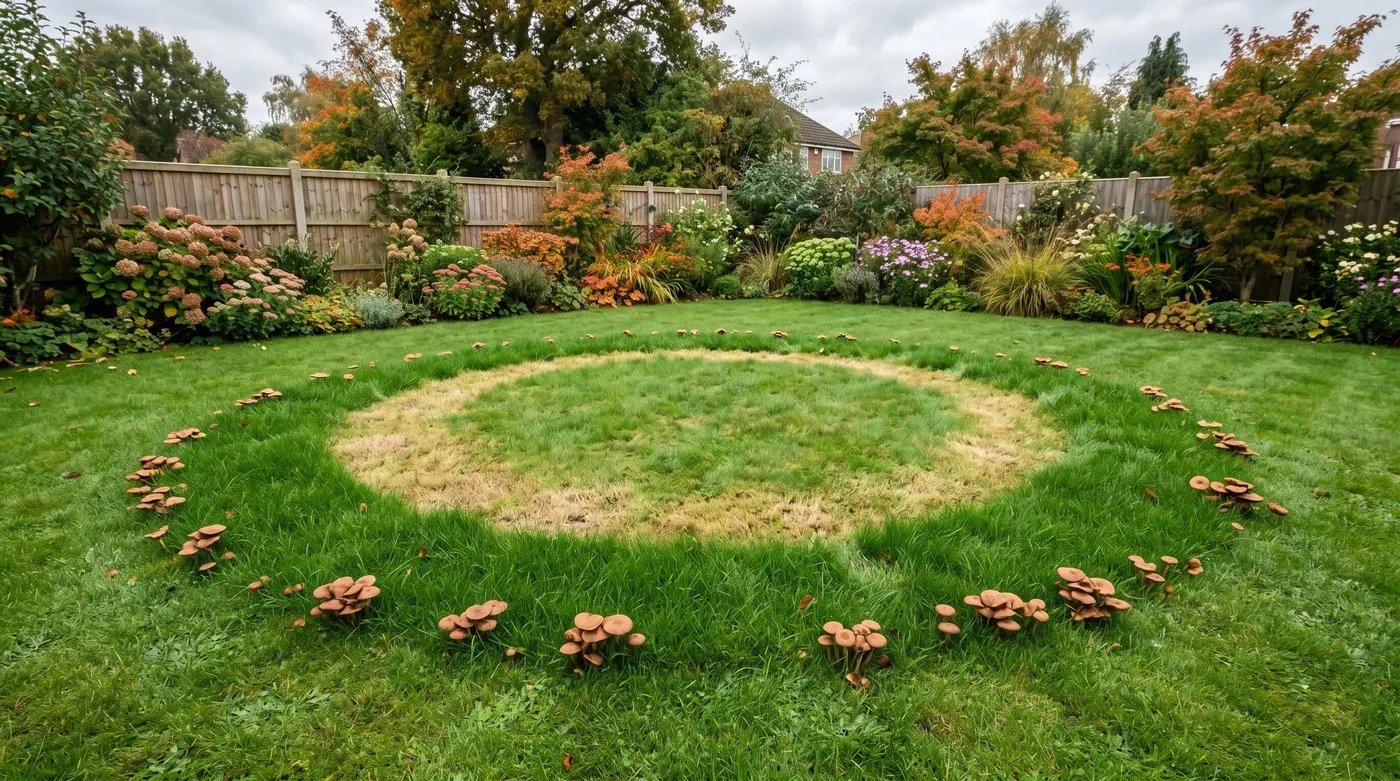 A 4-metre fairy ring on a UK suburban lawn showing a dark green outer ring and pale bleached inner ring with small toadstools on the perimeter