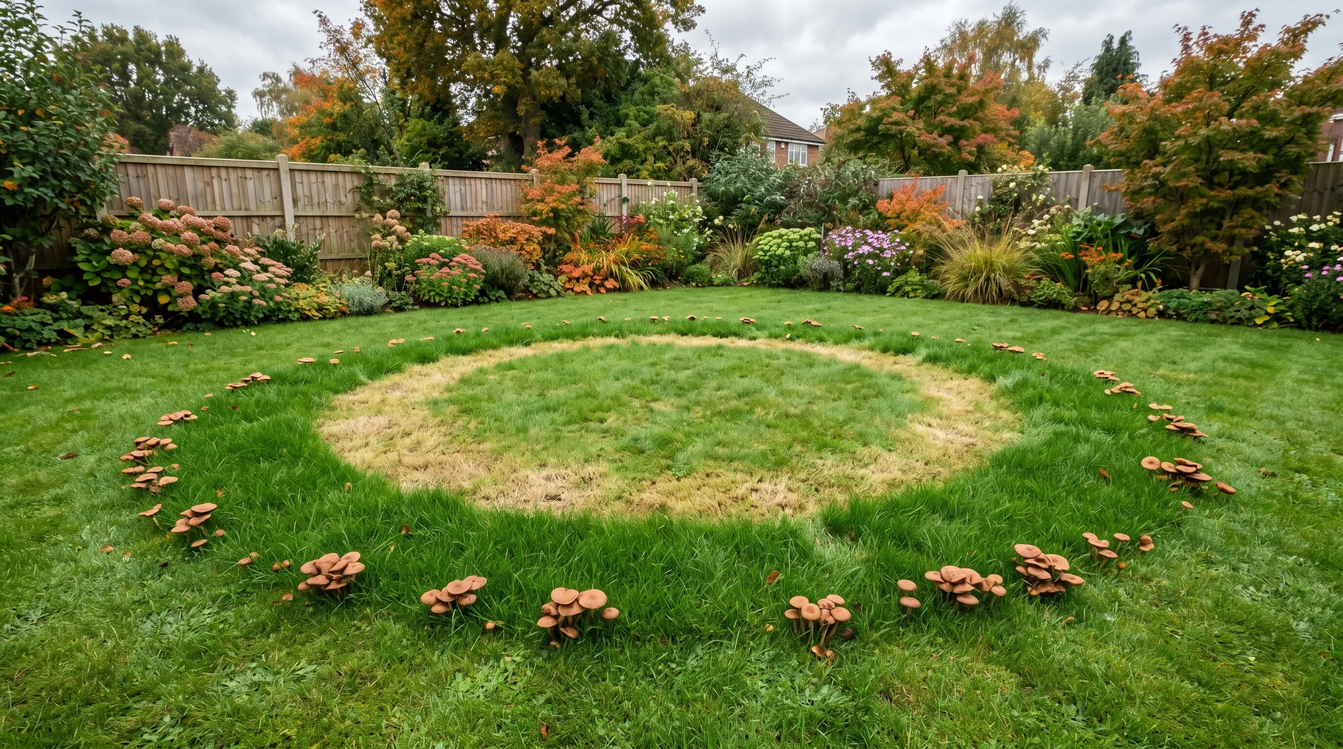 A 4-metre fairy ring on a UK suburban lawn showing a dark green outer ring and pale bleached inner ring with small toadstools on the perimeter