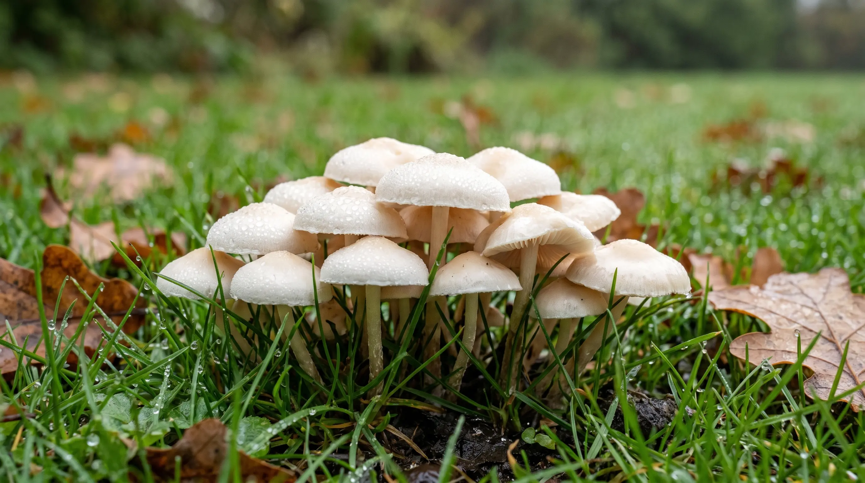 A cluster of small white fairy ring champignon mushrooms emerging from short green grass on a damp UK lawn after autumn rain, with dewdrops on the caps