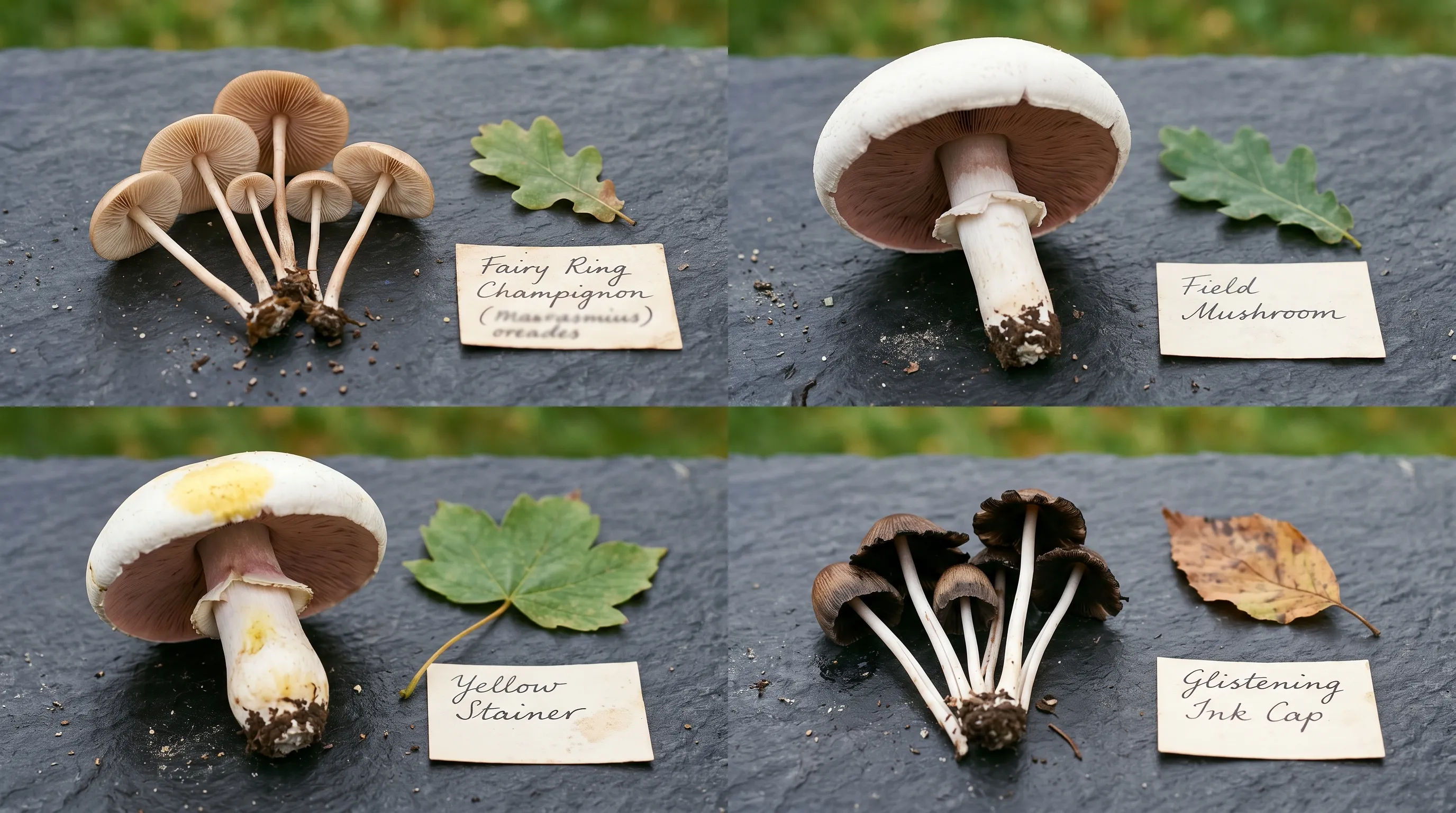 Four common UK lawn mushroom types arranged on a slate identification grid: fairy ring champignon, field mushroom, yellow stainer, and ink cap
