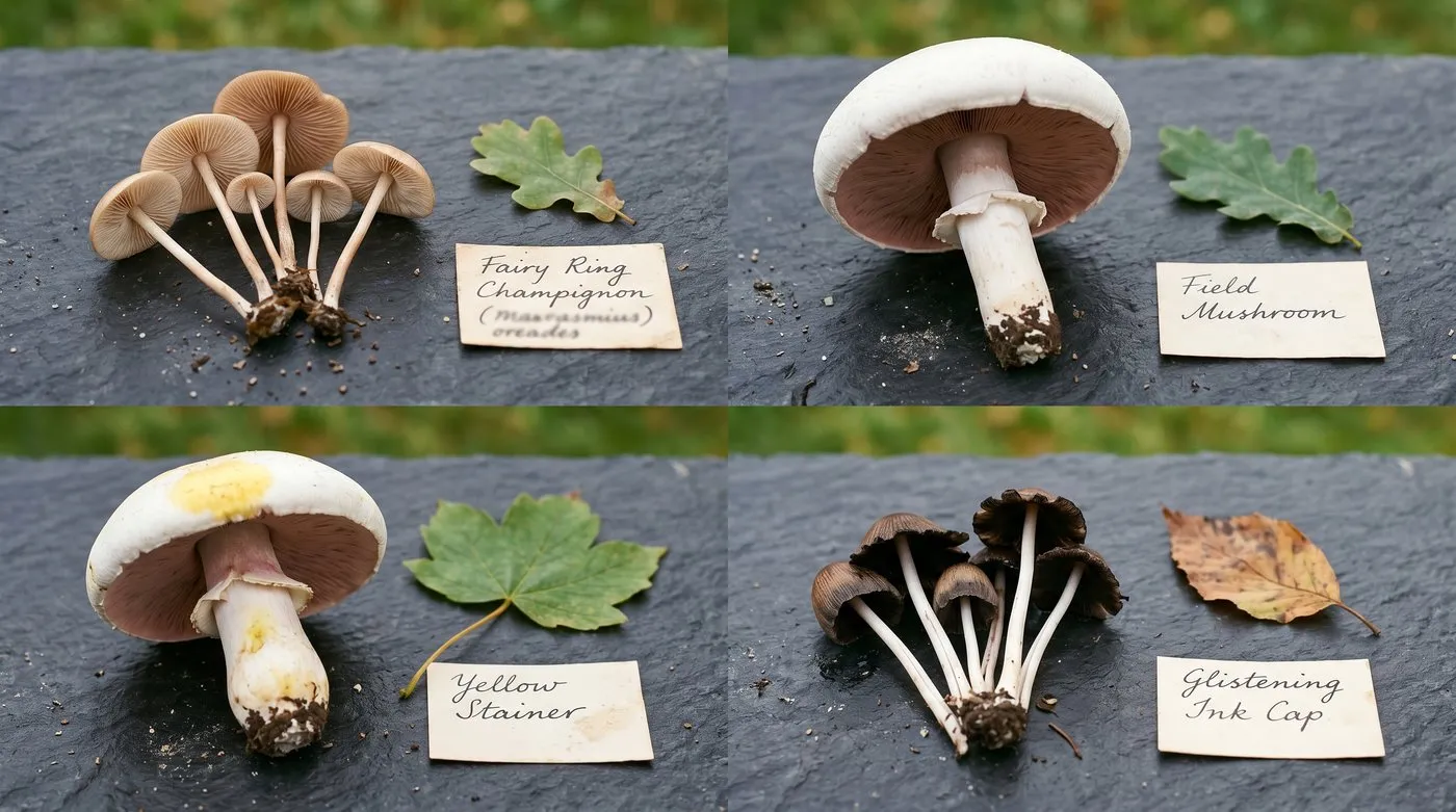Four common UK lawn mushroom types arranged on a slate identification grid: fairy ring champignon, field mushroom, yellow stainer, and ink cap