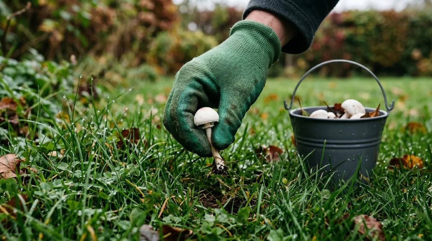 An adult hand in a green gardening glove gently twisting a small white mushroom out of damp grass on a UK lawn, with a collection bucket beside