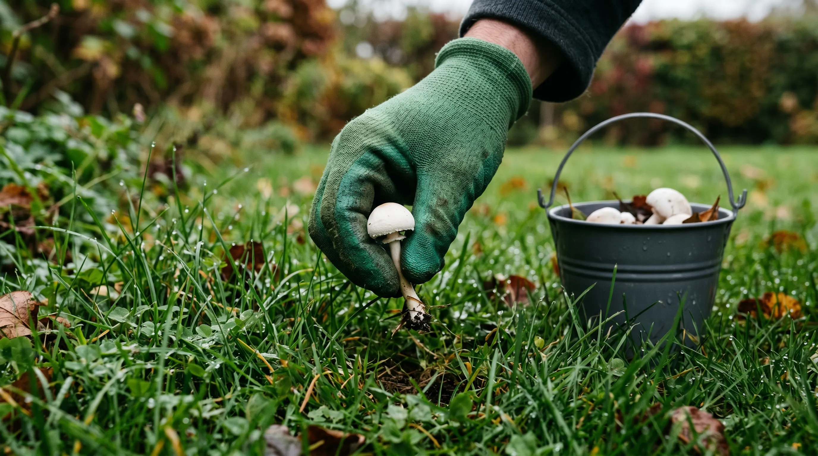 An adult hand in a green gardening glove gently twisting a small white mushroom out of damp grass on a UK lawn, with a collection bucket beside