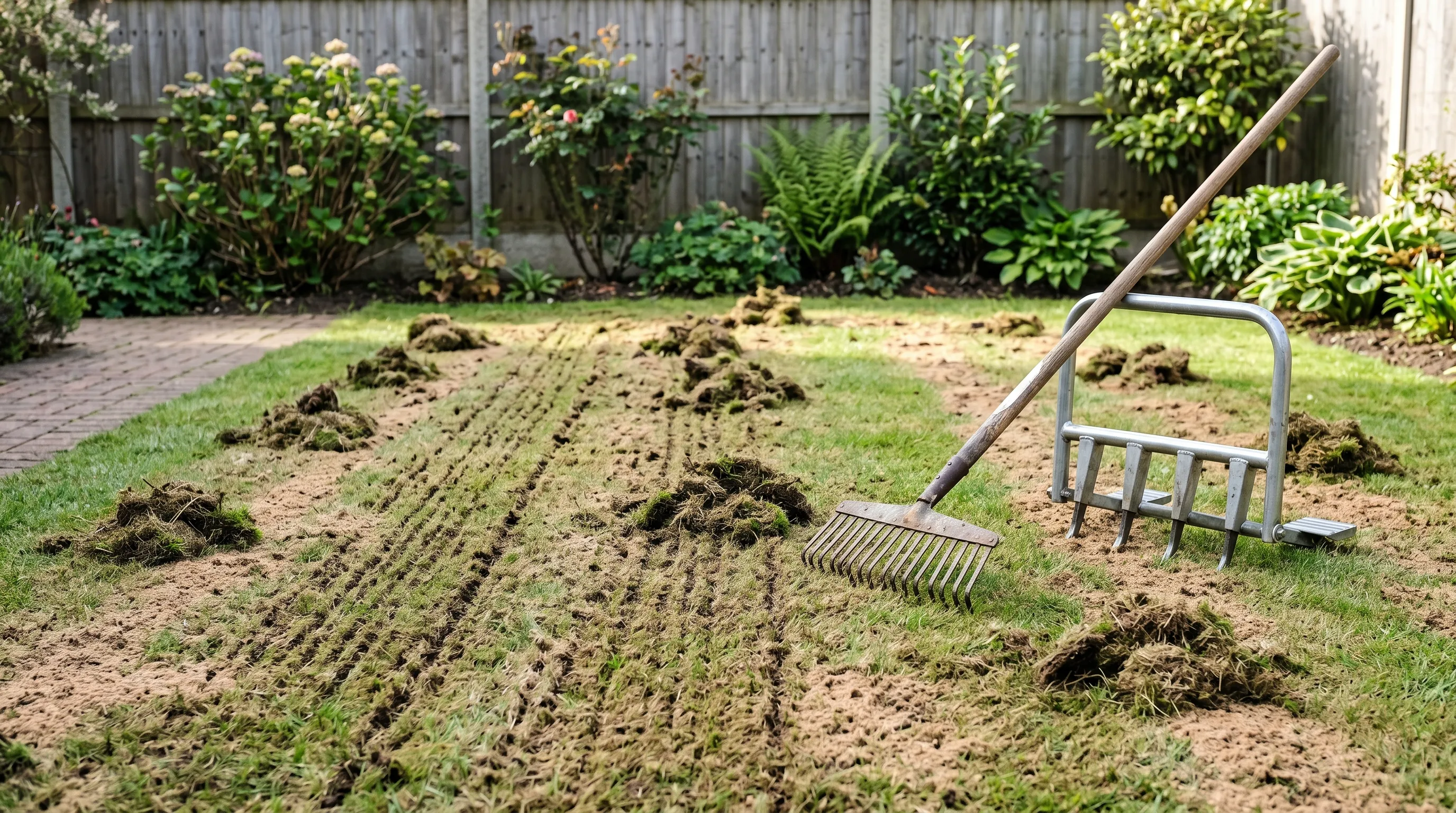 A scarified and aerated UK suburban lawn with sandy loam top-dressing brushed in, showing the mechanical fix for excess thatch and fungal problems