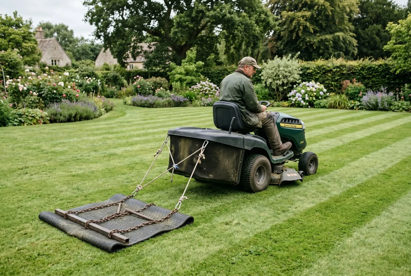 Homemade drag mat made from a rubber stable mat and blue rope being pulled across a Cornish seaside garden lawn