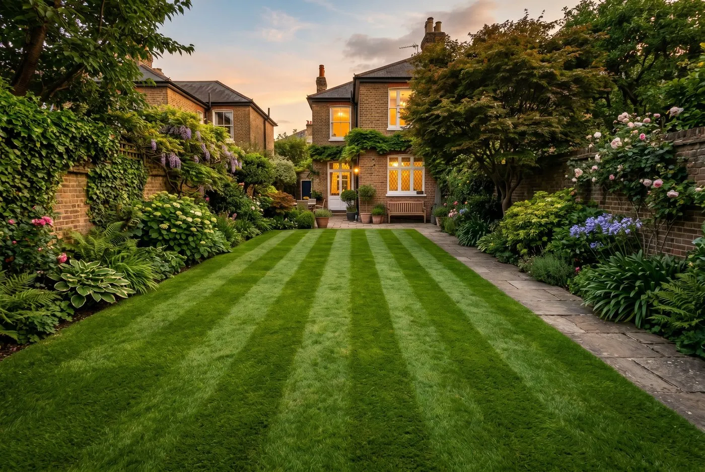Finished light and dark green stripes on a Yorkshire suburban back lawn viewed from an upstairs window