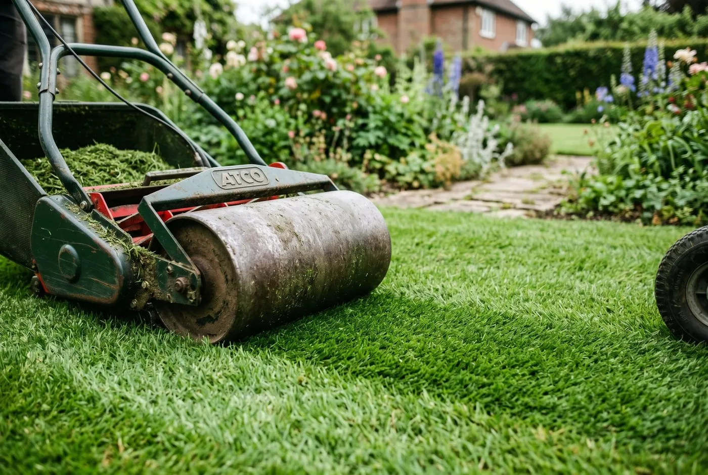 Close-up of a mower rear roller pressing freshly cut grass flat on a Scottish lawn