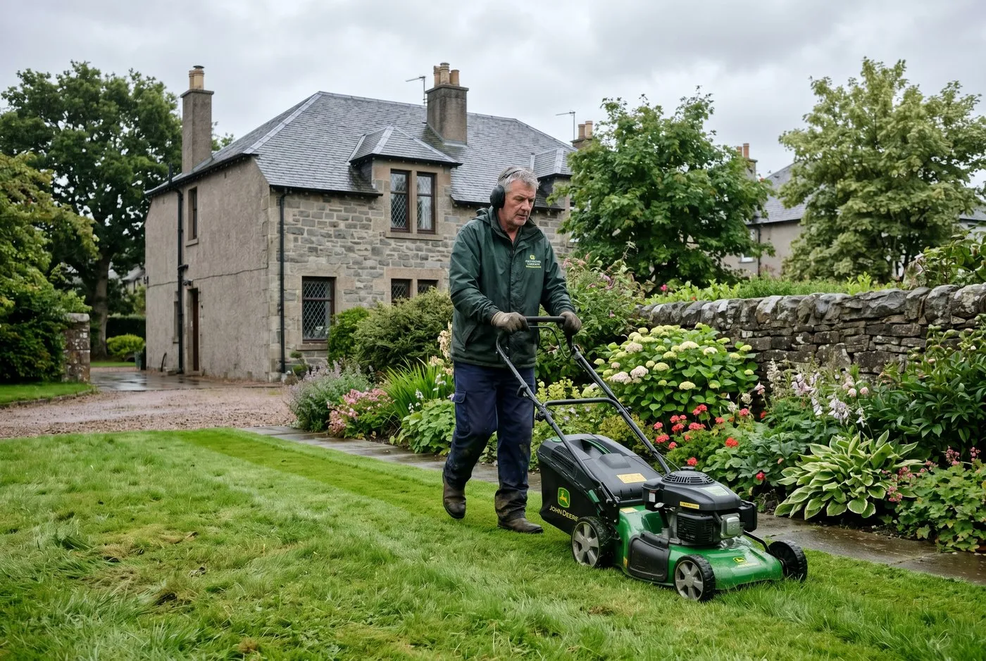 Gardener mowing a dead-straight stripe along a fence line in a London park-style town garden