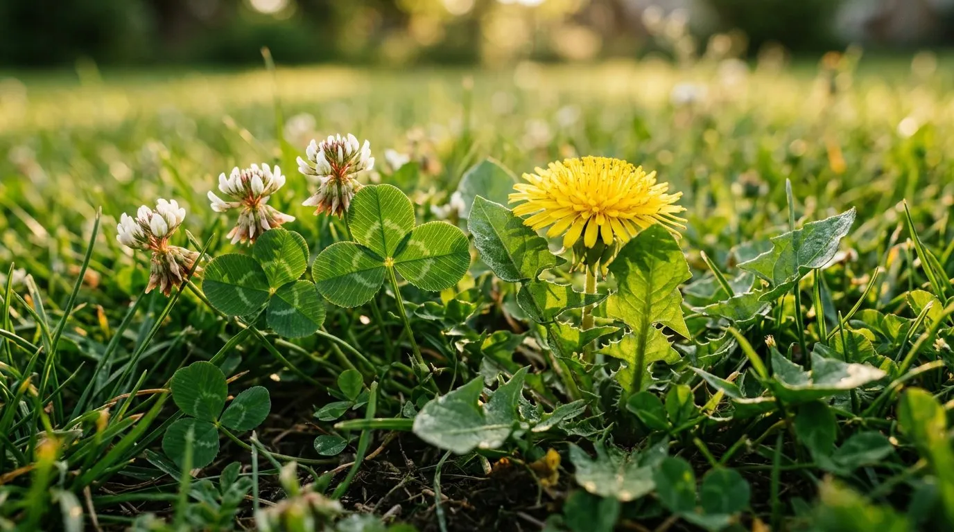 Close-up of common lawn weeds including dandelion and white clover growing in grass
