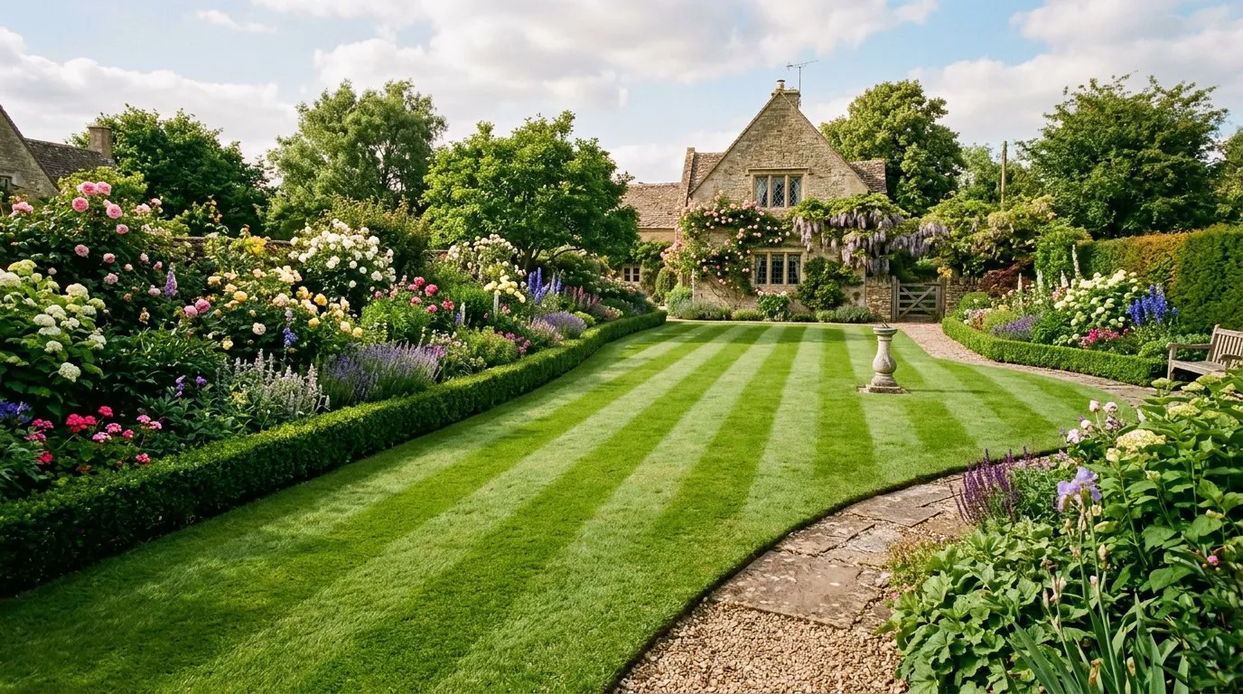 A healthy striped lawn after mowing, showing neat edges and borders in a well-maintained English garden