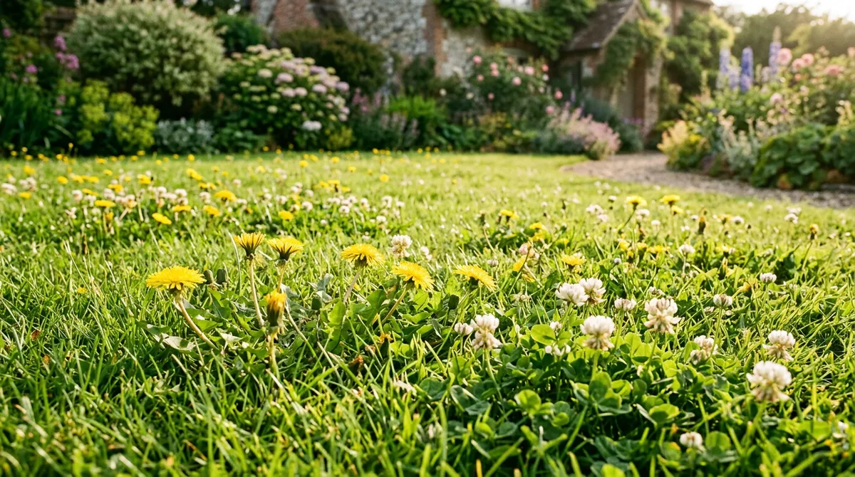 A British garden lawn with patches of dandelions and clover in warm afternoon sunlight