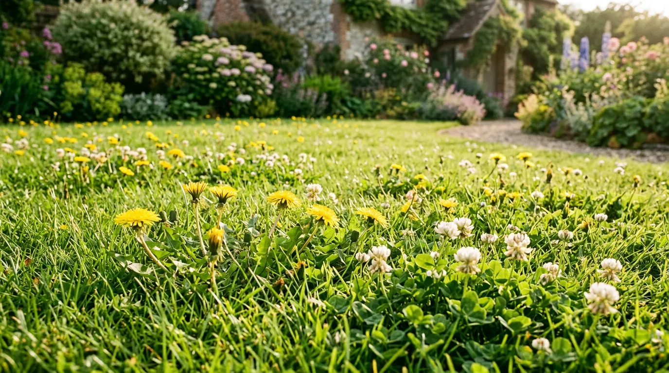 A British garden lawn with patches of dandelions and clover in warm afternoon sunlight