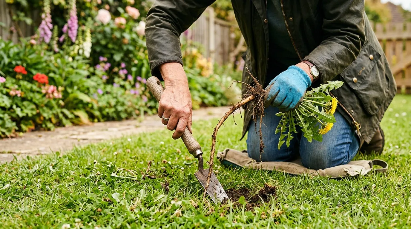 Gardener hand-weeding a lawn with a daisy grubber tool, pulling up a dandelion root