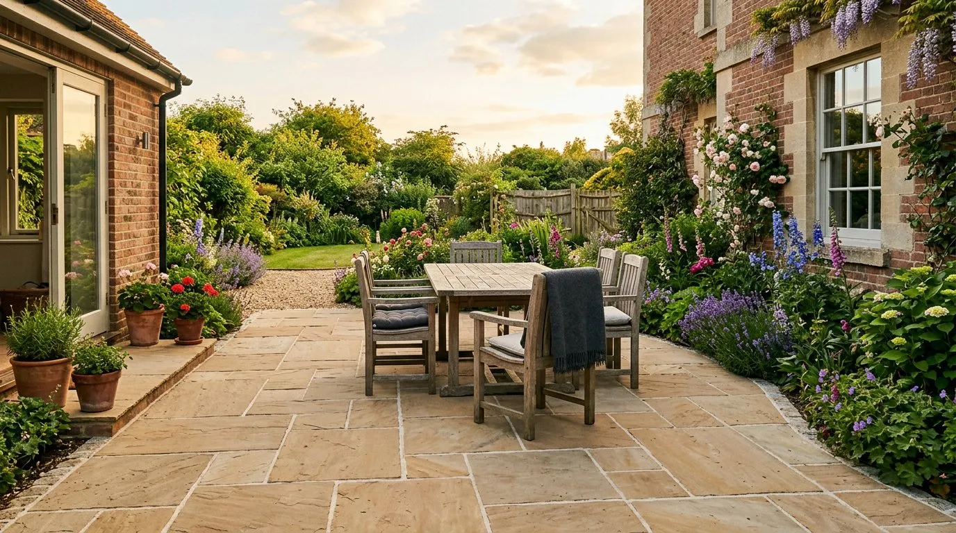 Finished sandstone patio with garden furniture, demonstrating completed jointing and a drainage fall