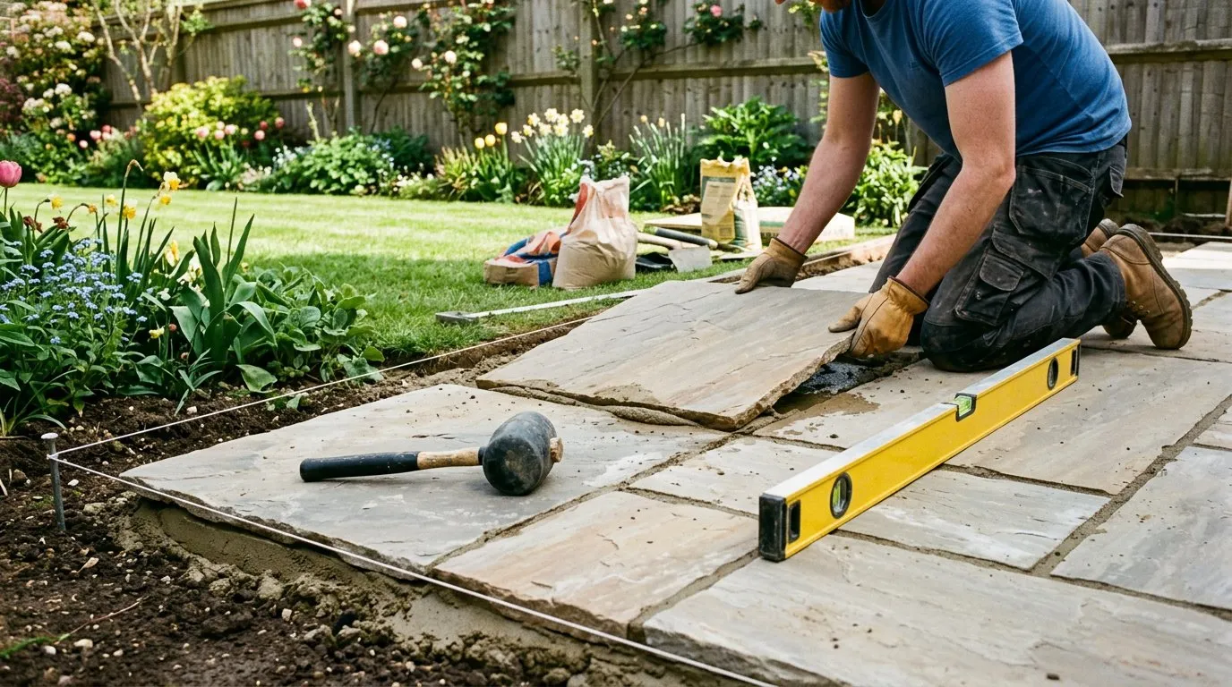 Natural sandstone patio slabs being laid on a mortar bed in a UK back garden