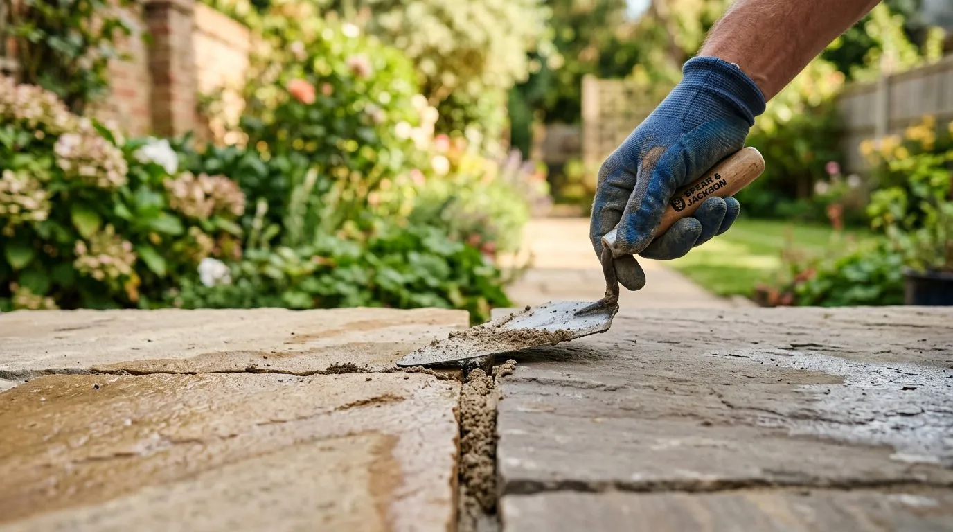 Close-up of jointing natural stone patio slabs with semi-dry mortar mix using a pointing trowel