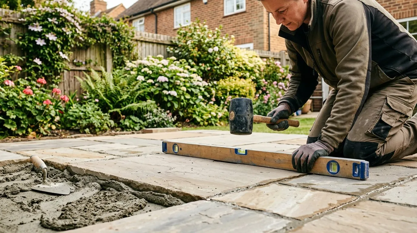 Laying sandstone patio slabs on a mortar bed using a rubber mallet to set them level