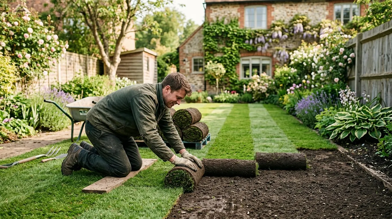 Fresh turf rolls being laid on prepared soil in a back garden