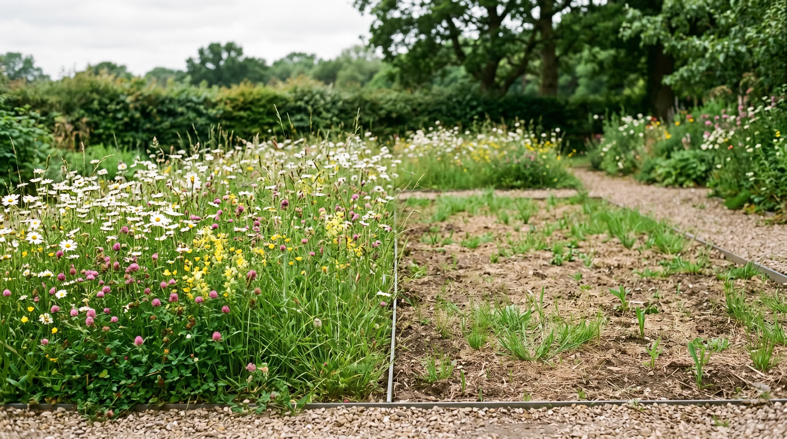 A diagnostic comparison of two UK garden meadow plots side by side, the left a wildflower turf installation in full flower 6 weeks after laying, the right a seeded meadow at the same age showing only patchy grass establishment