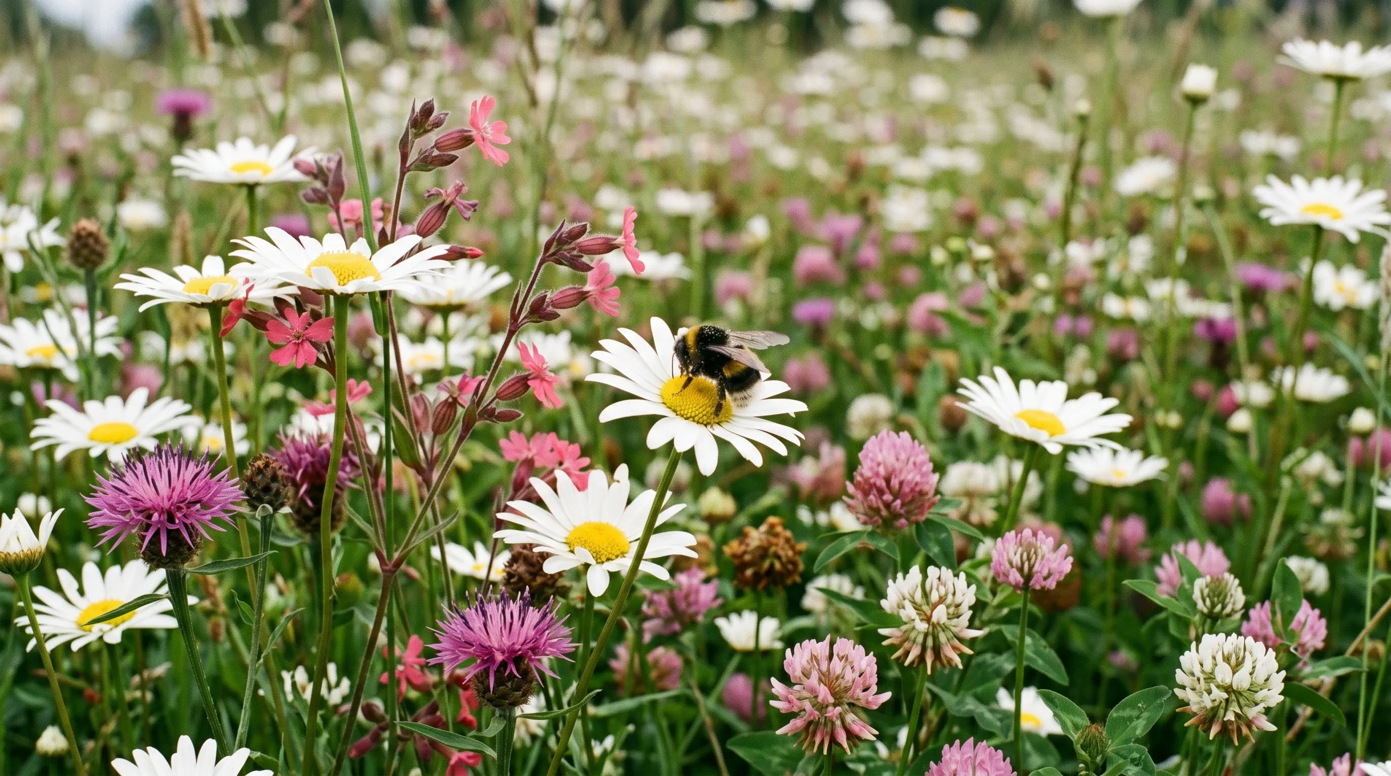 A close-up of UK wildflower turf in full bloom in late June showing oxeye daisies, red campion, knapweed and clover flowering together with a bumblebee visiting one of the daisies