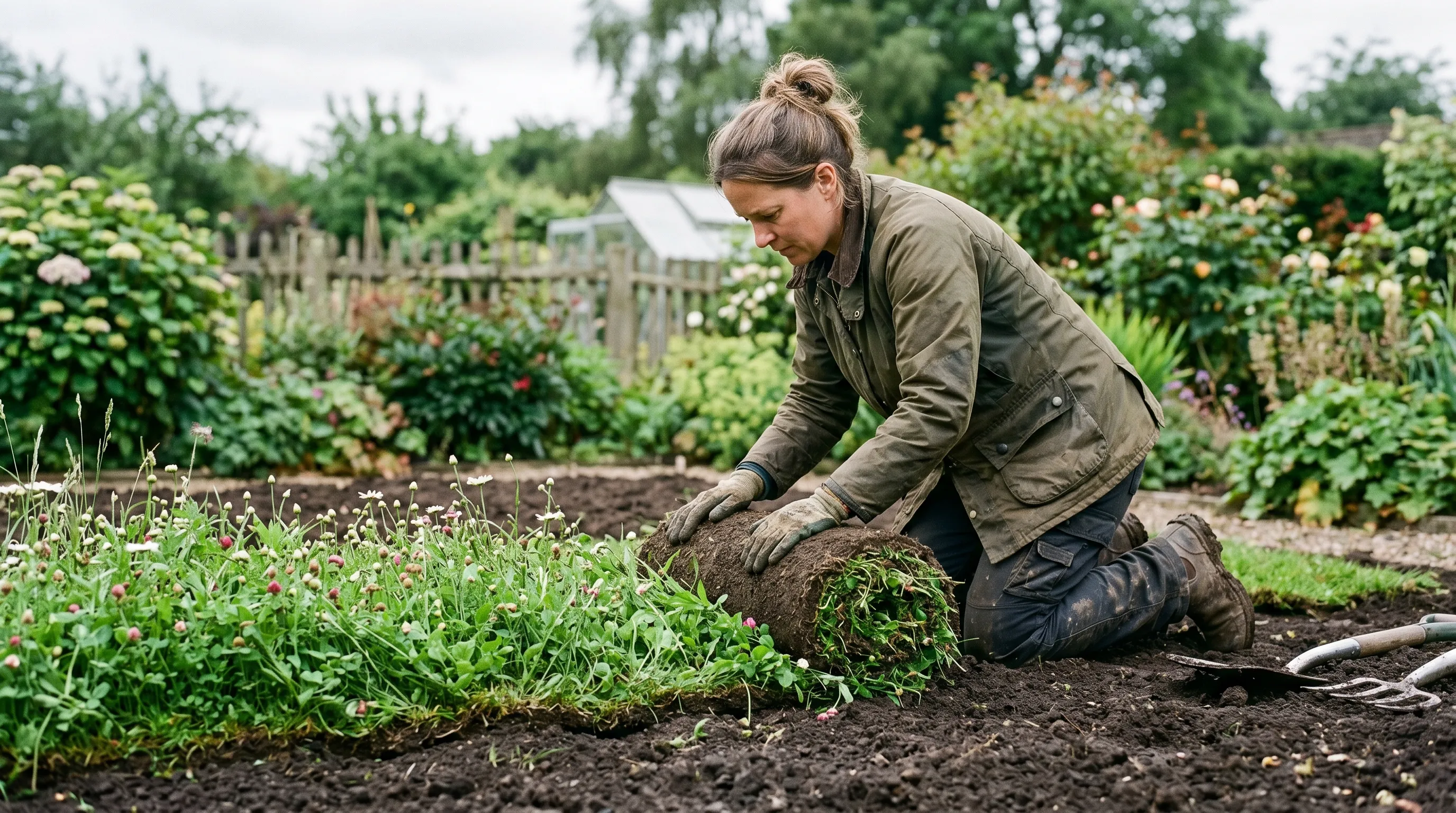 A UK gardener unrolling fresh wildflower turf onto prepared low-nutrient soil with the first roll showing lush green growth with small flower buds