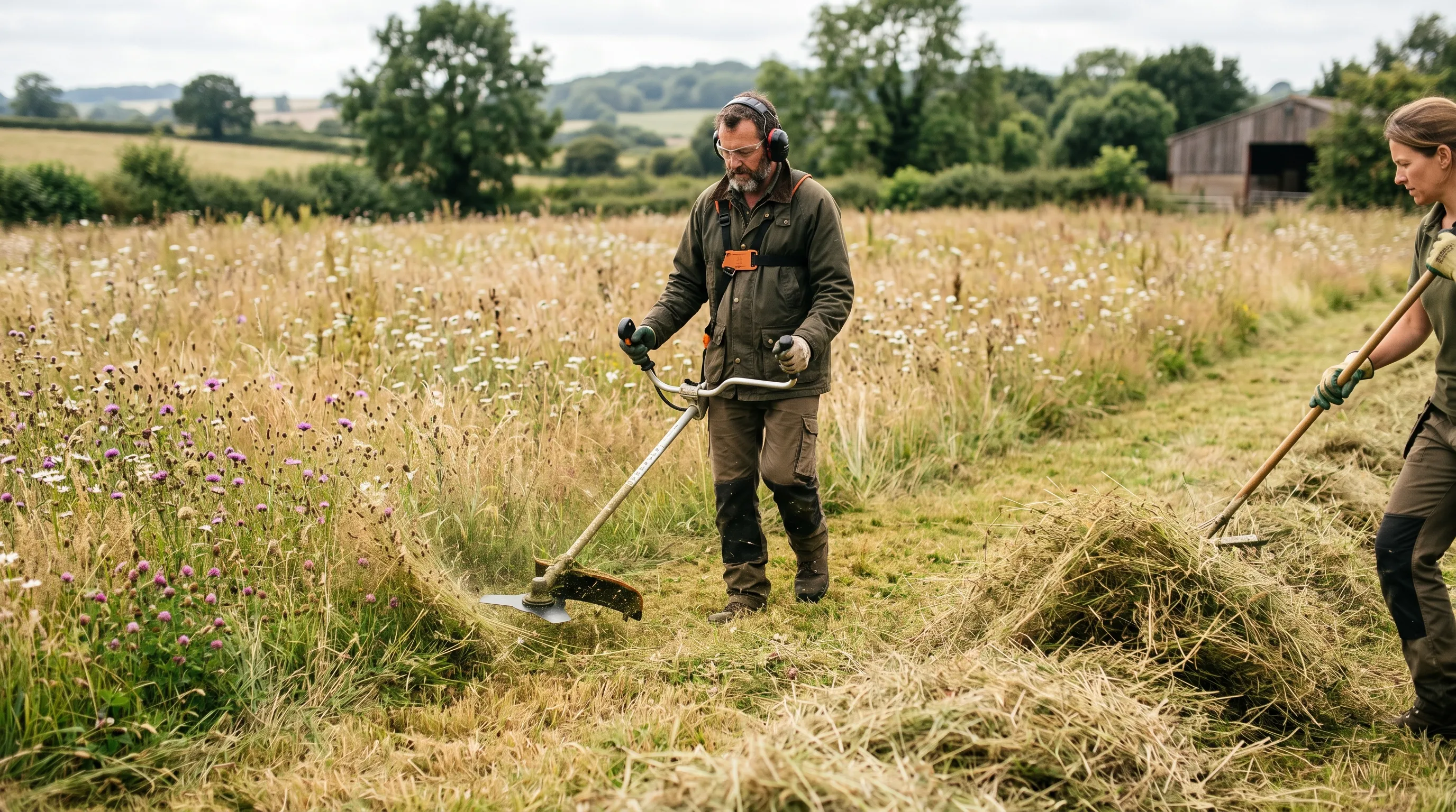 A UK gardener cutting wildflower meadow with a brush cutter set to 60mm in late August, with the cut hay being raked to one side after the cutting session