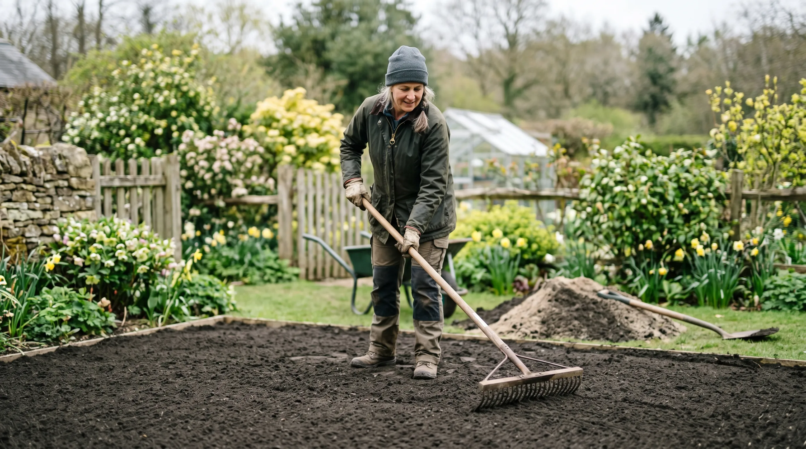 A UK gardener raking a freshly prepared base layer of sharp sand mixed with compost, with the area smooth and level ready for wildflower turf to arrive