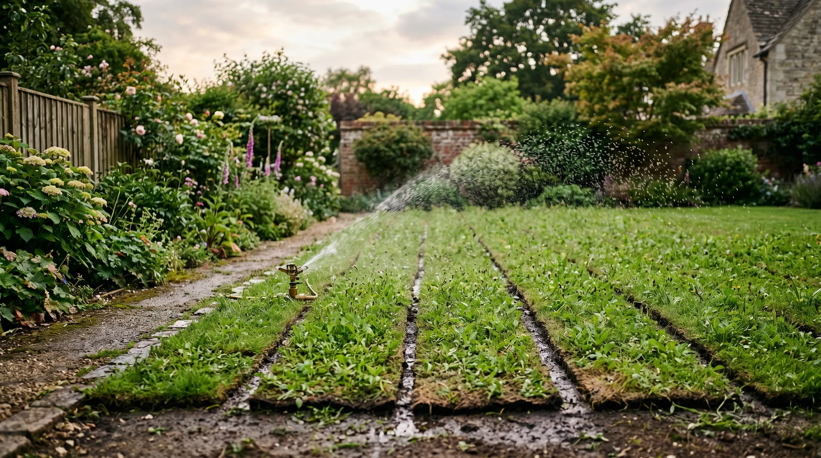 A UK garden showing a freshly-laid wildflower turf installation with visible roll joints still partly visible, plus a sprinkler running on the surface in the early evening