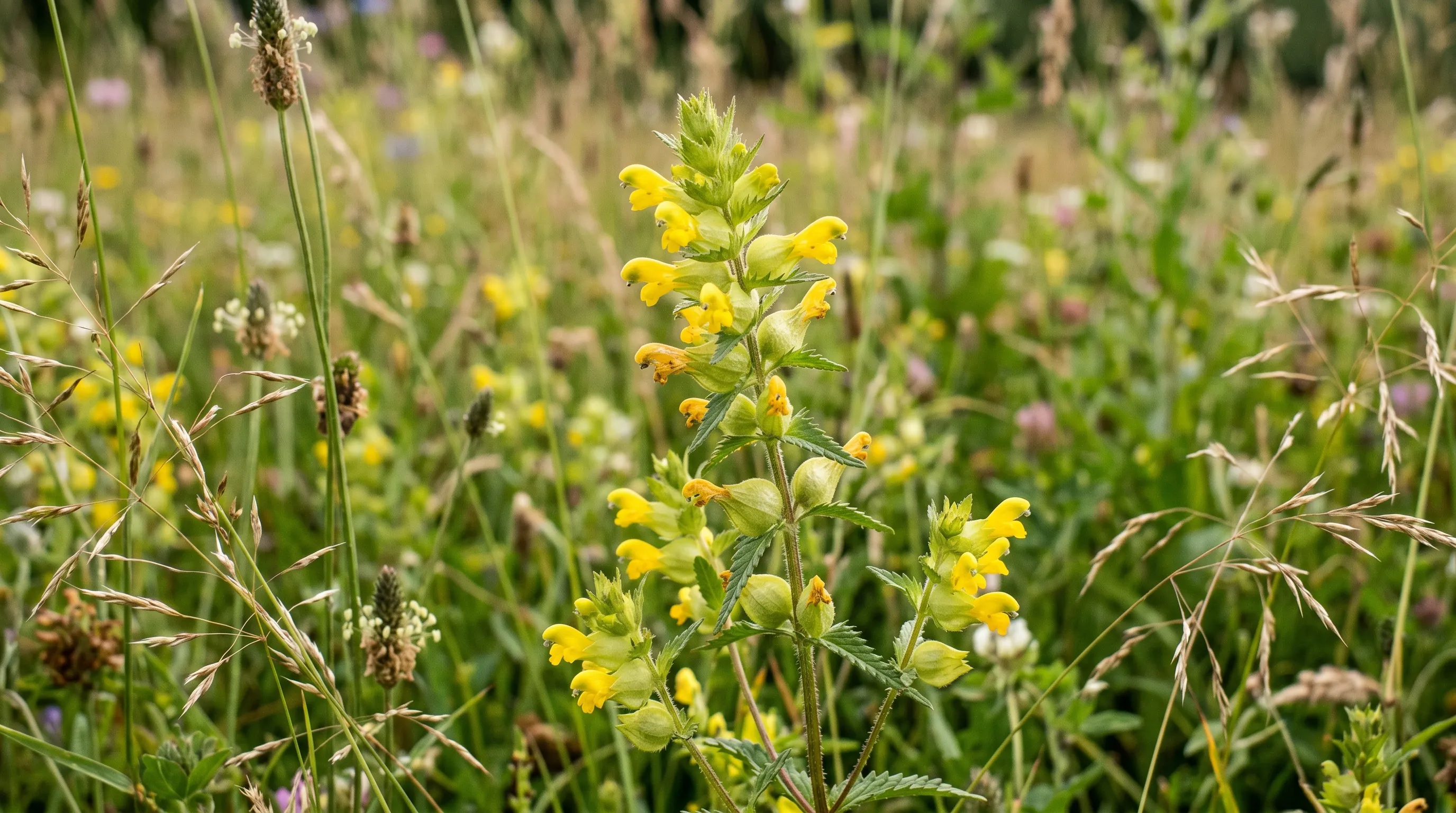 A close-up of yellow rattle (Rhinanthus minor) flowering in a UK wildflower meadow turf installation, showing the small tubular yellow flowers among grasses