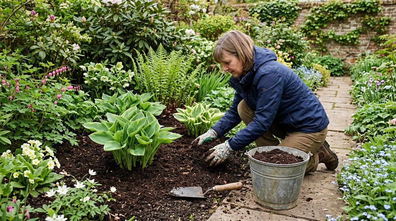 Leaf mould being spread as mulch around established plants in a woodland-style border