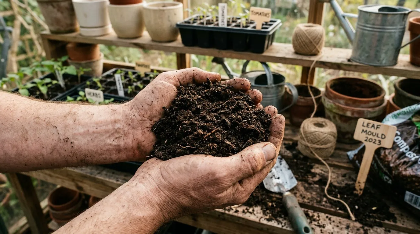 Hands holding dark, crumbly finished leaf mould that looks like rich potting compost