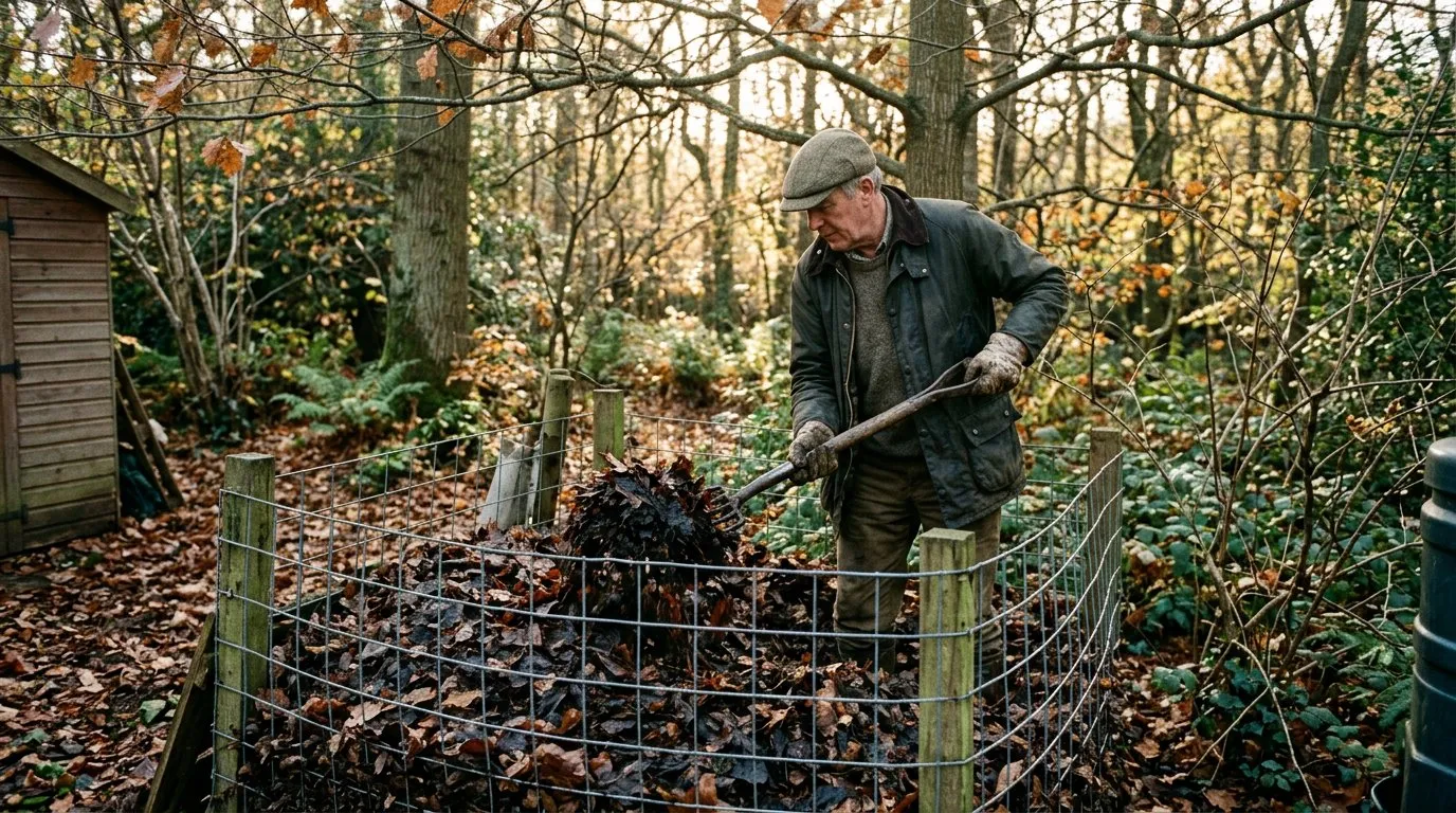 Leaf mould bin being turned with a garden fork, showing partially decomposed leaves inside the wire mesh enclosure