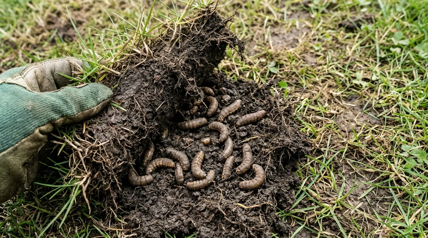 Leatherjacket grubs revealed under lifted turf in a damaged UK lawn
