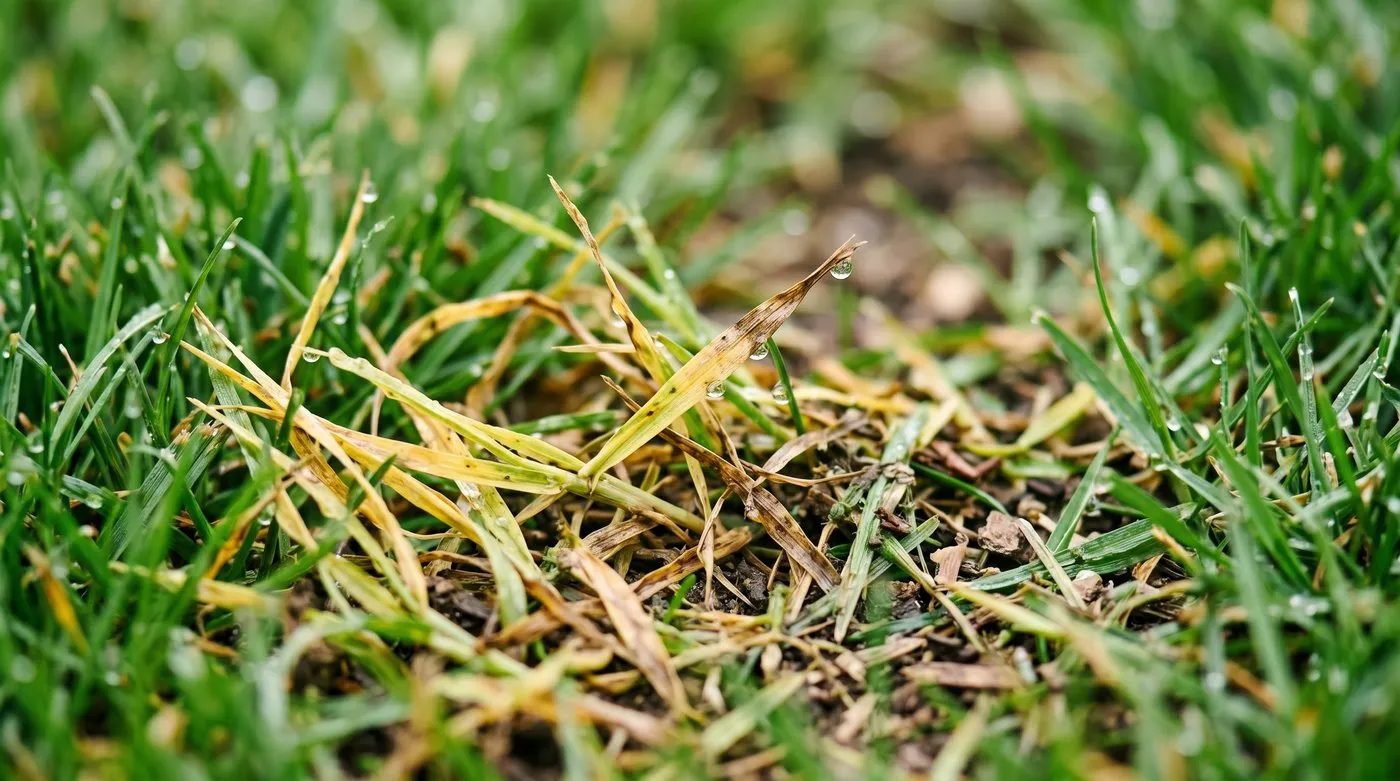 Macro view of fine grass clippings wilting and decomposing on the surface of a healthy green lawn