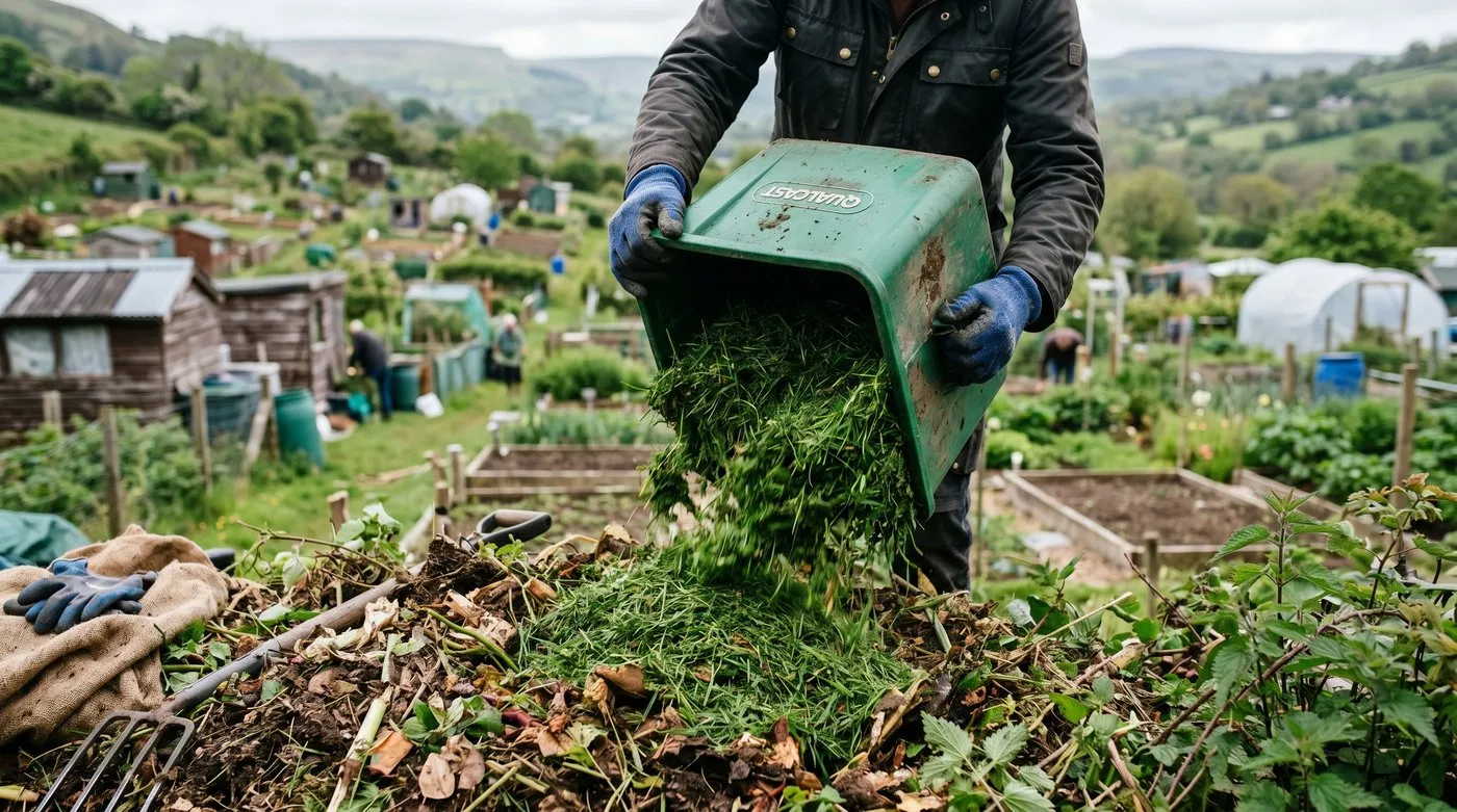 Gloved hands tipping a full grass collection box onto a compost heap at an allotment