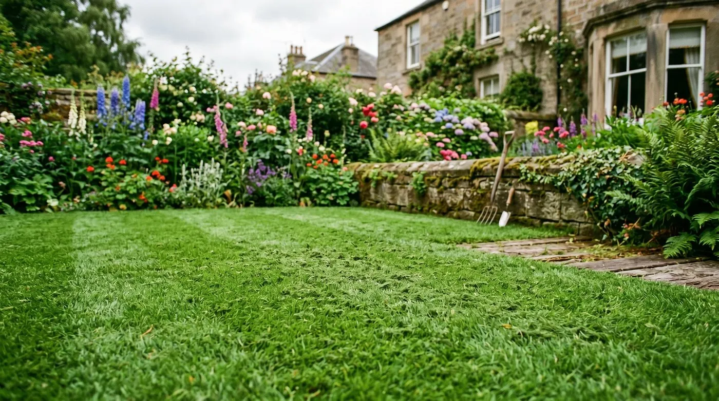 A petrol mulching mower cutting a healthy green lawn and returning fine clippings