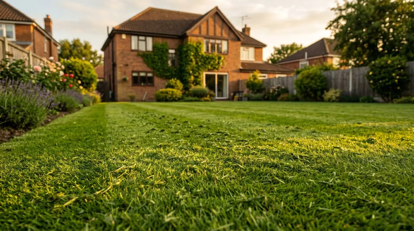 Fine grass clippings left scattered across a healthy green suburban lawn after mulch mowing in the UK