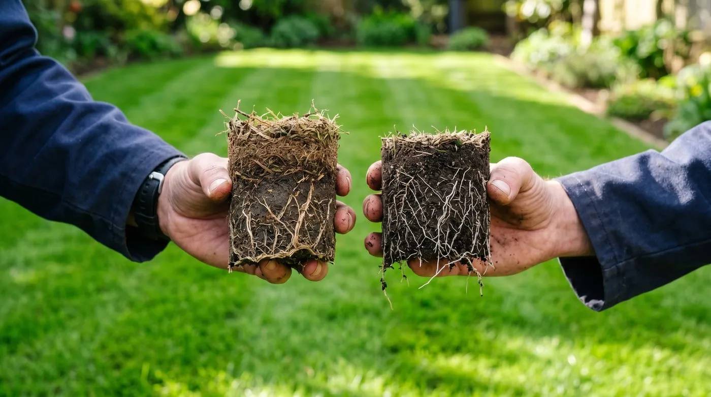 Two lawn core samples held side by side comparing a thick brown thatch layer against a thin healthy layer