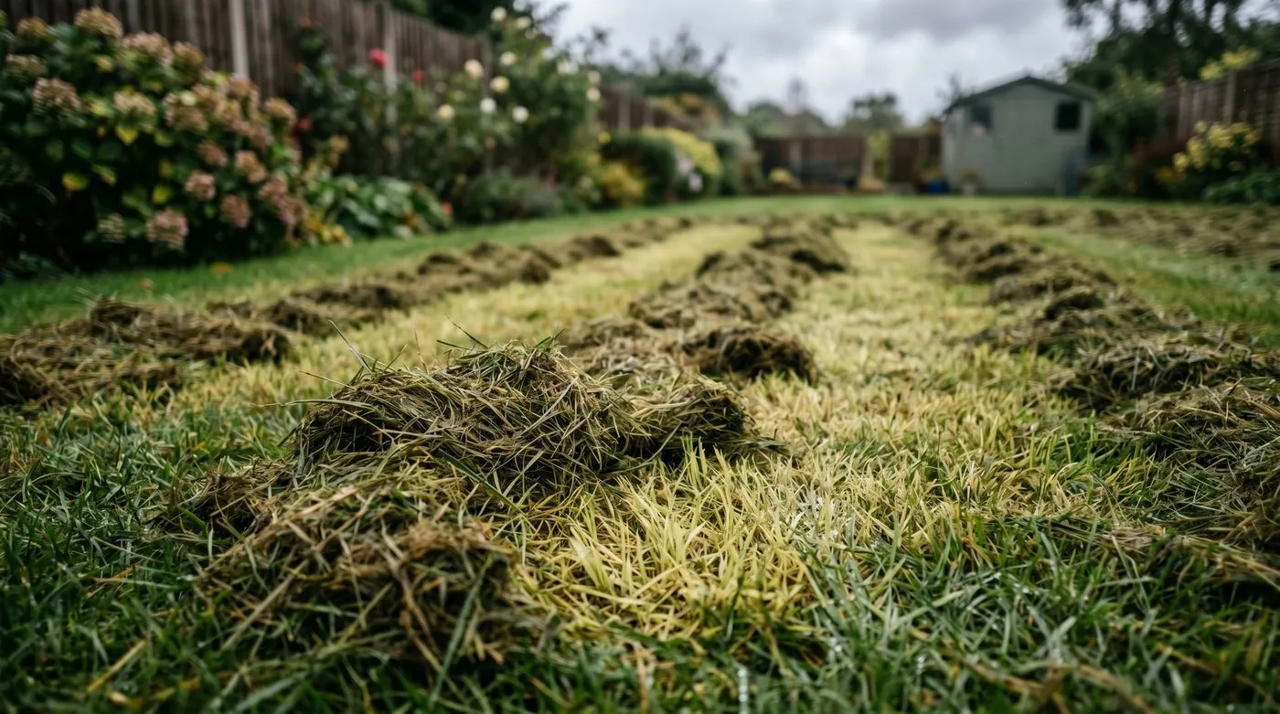 Thick clumps of wet long grass clippings smothering and yellowing the lawn beneath