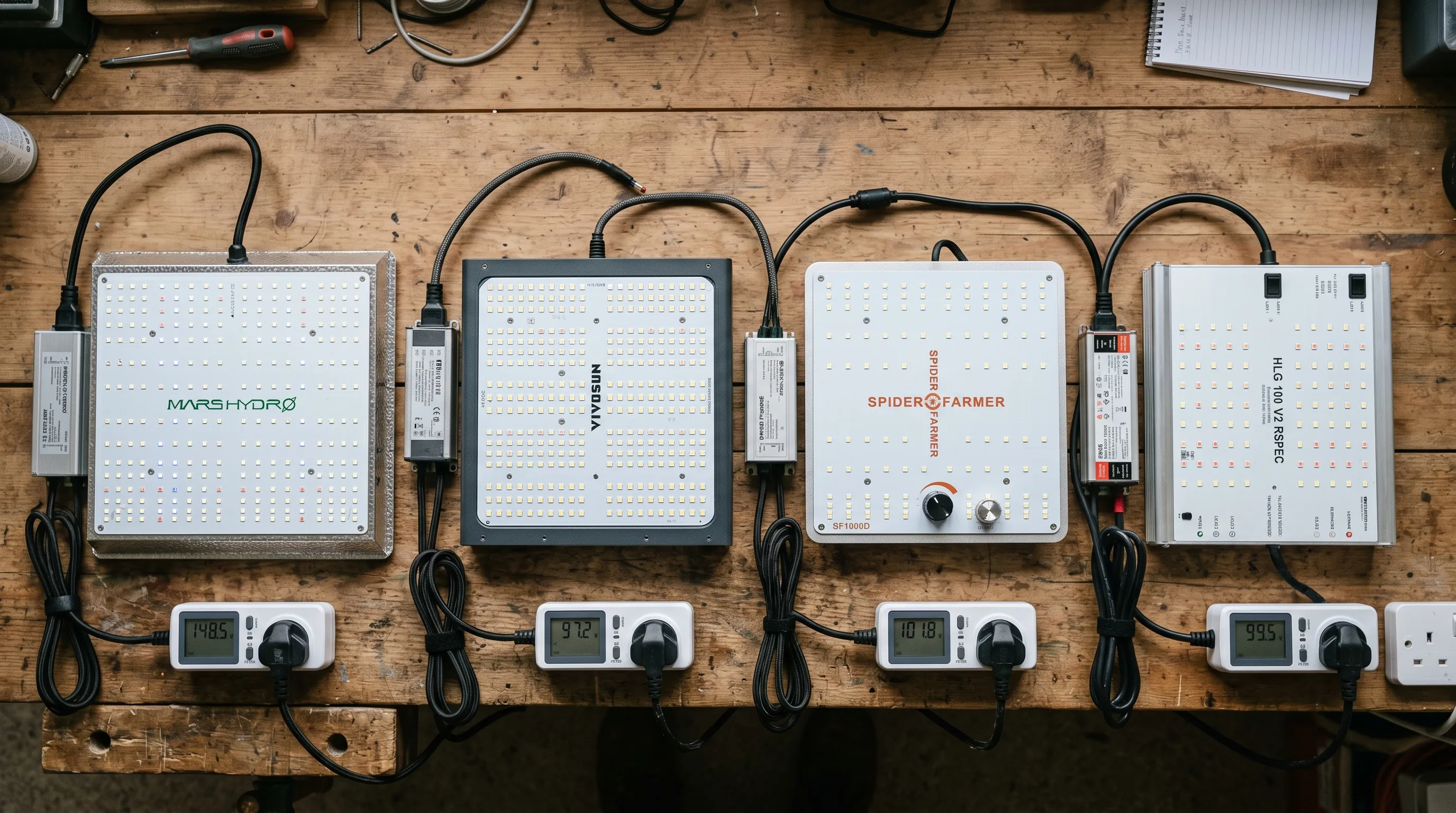 A line-up of four UK-stocked LED grow lights on a workshop bench: a Mars Hydro TS-1000, a Vivosun, a Spider Farmer SF-1000 and an HLG quantum board, with their plugged-in wattmeters showing actual draw