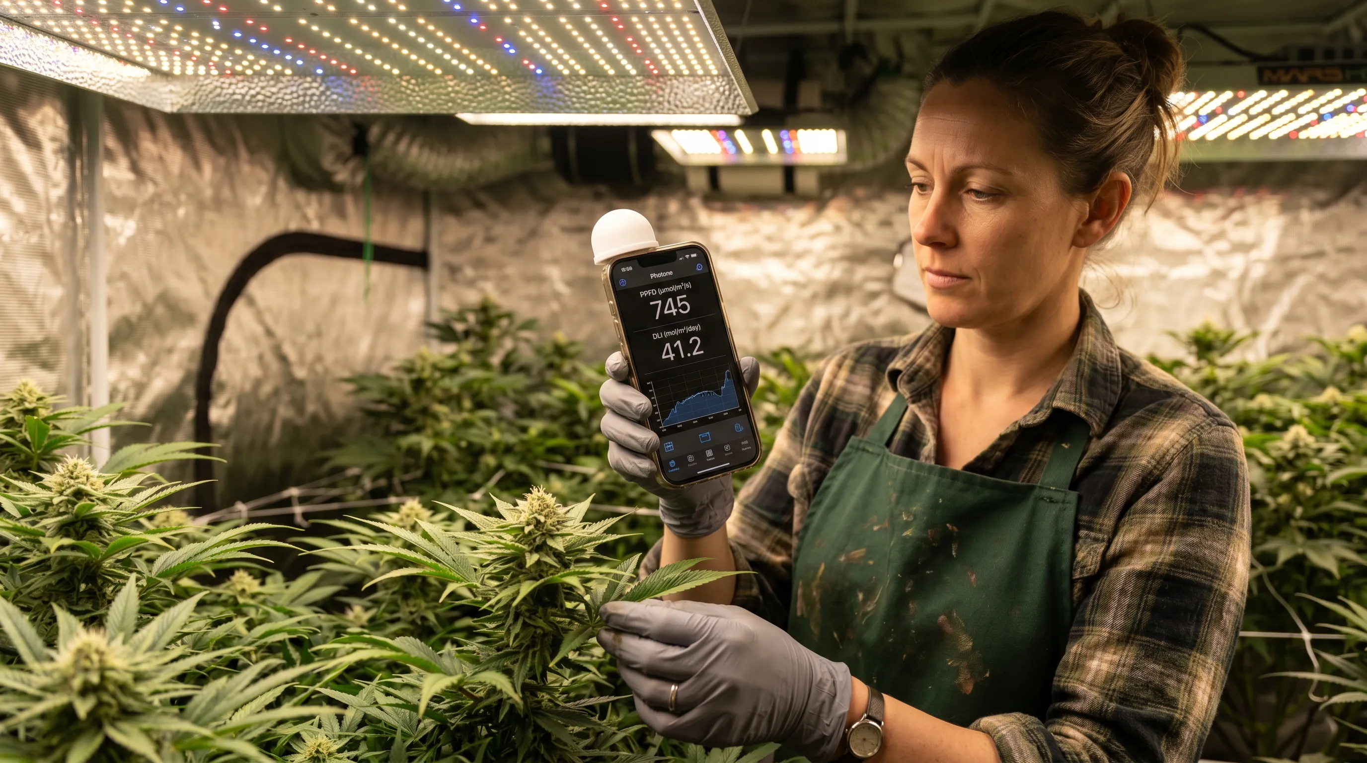 A UK gardener holding a Photone smartphone app screen showing a PPFD reading of 580 micromoles taken at canopy level under a full-spectrum LED grow light, with the phone diffuser cap in place