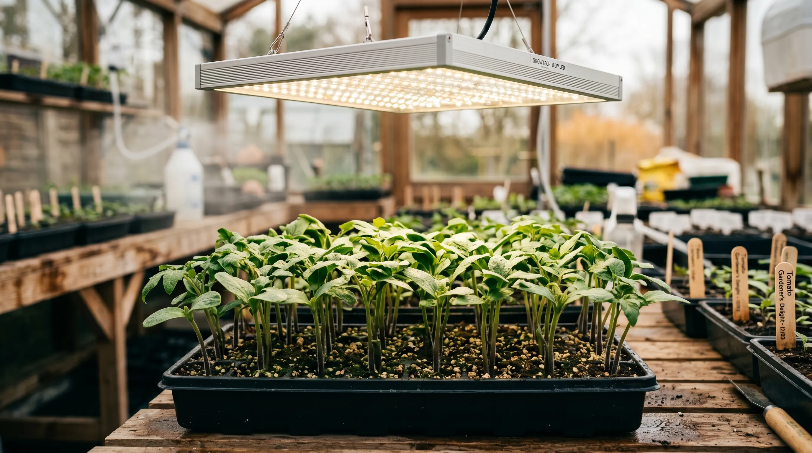 A close-up of a 100W full-spectrum LED grow light hanging 300mm above a tray of healthy tomato seedlings in a UK propagation bench, the white light bright but not harsh, seedlings showing strong stocky growth