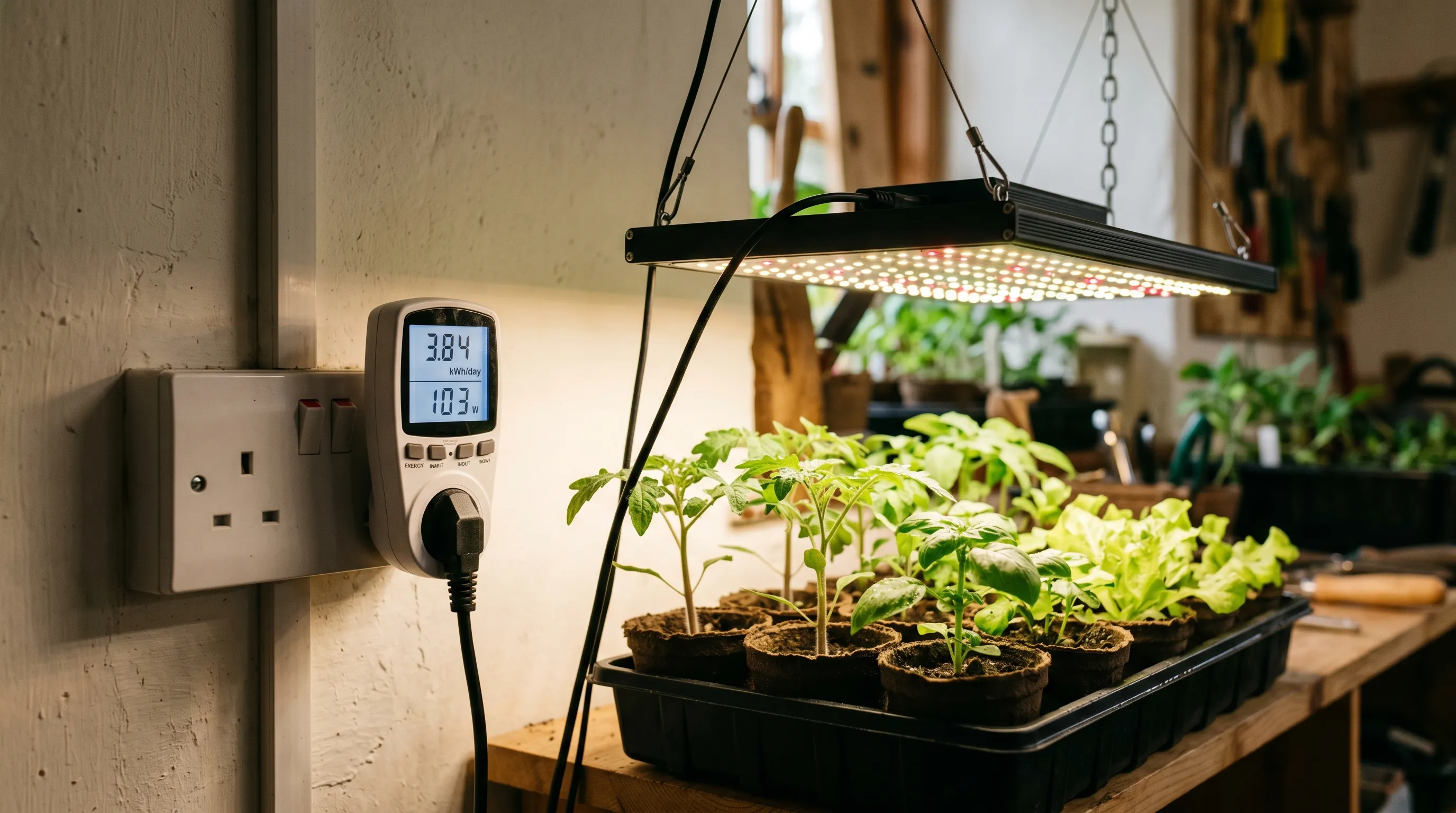 A digital UK electricity meter showing daily kWh usage from a 100W LED grow light, beside the LED hanging above a tray of vegetable seedlings
