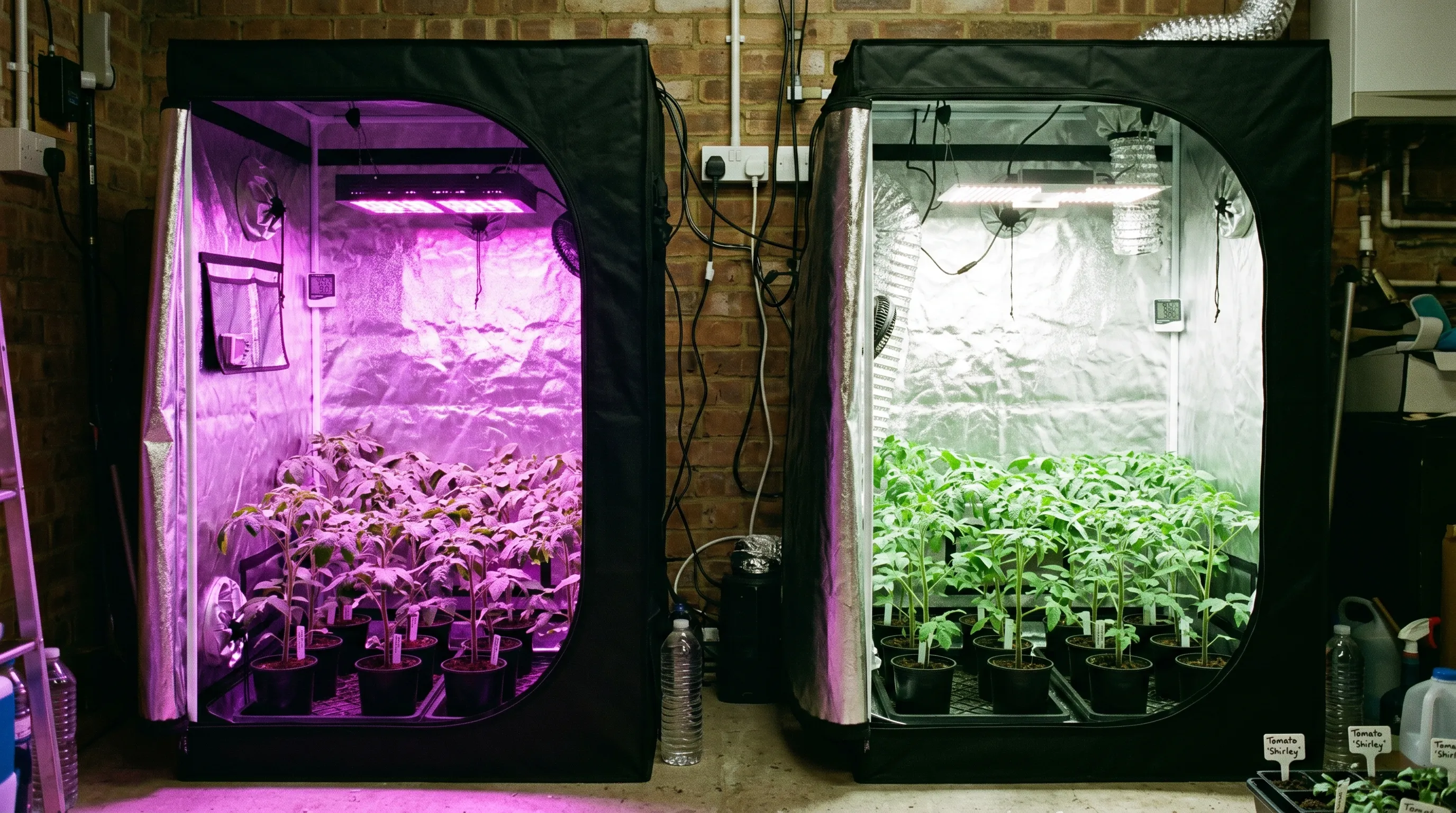 A close comparison of two UK grow tents side by side, the left bathed in pink-purple blurple LED light and the right bathed in natural-looking full-spectrum white LED light, both with healthy tomato seedlings inside